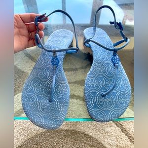 Tory Burch EMMY Ocean Blue Stitched Logo Thong Sandal 9 T-Strap